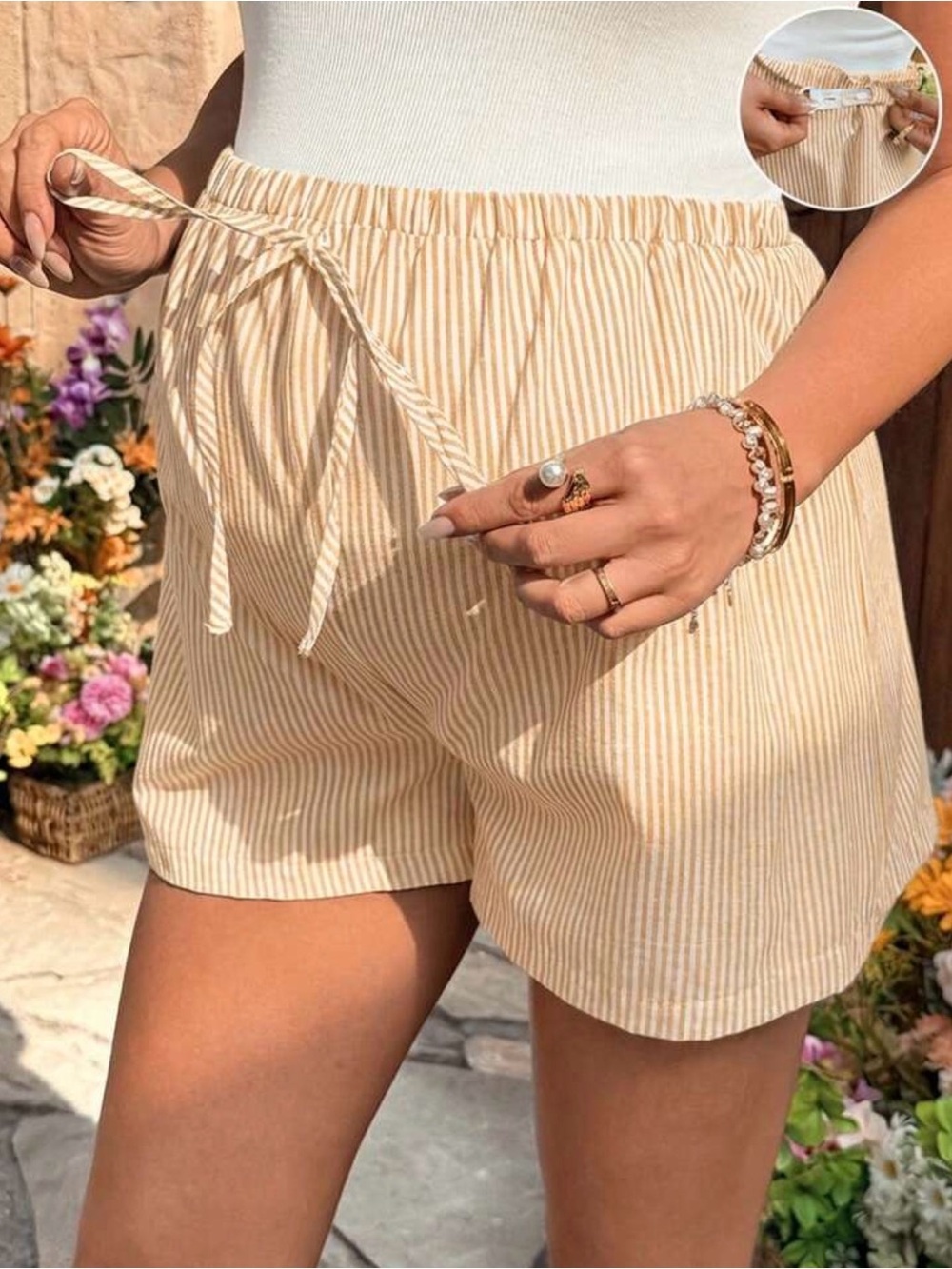 Maternity/ Adjustable Women’s Striped Drawstring Beach Shorts - Cream/Beige